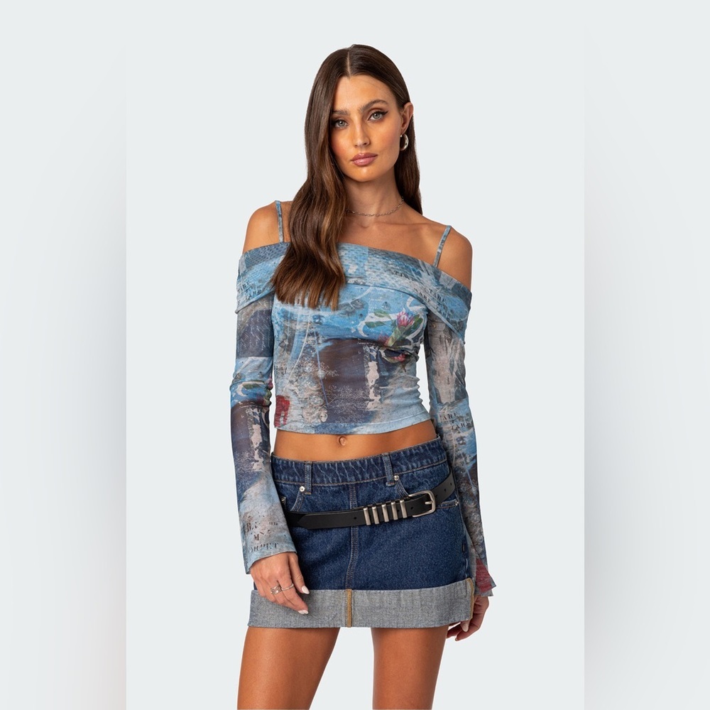 Edikted Blue Multi Off-Shoulder Mesh Long Sleeve Top
